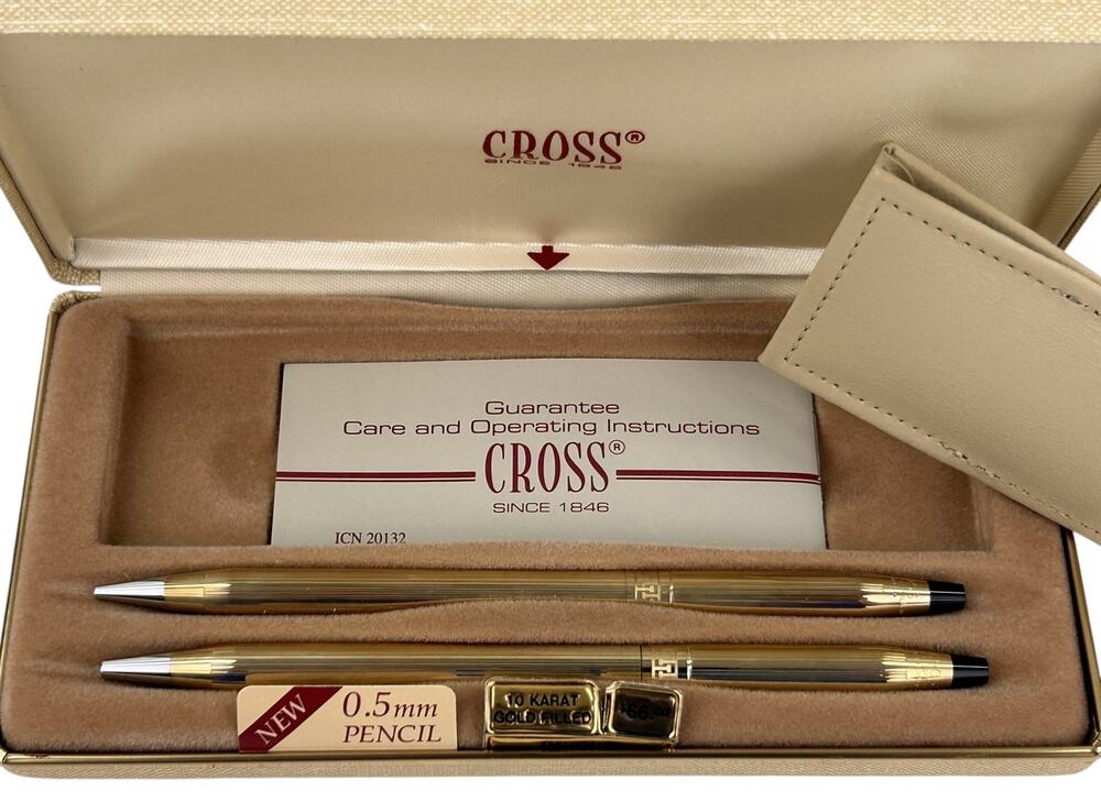 Vintage CROSS 10K GF Gold Pen & Pencil Set w/ Case, Booklet Excellent Condition